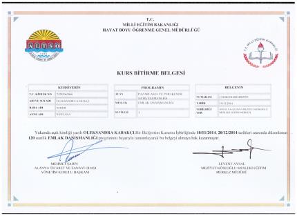 Realtor Certificate - Alexandra Kabakchi