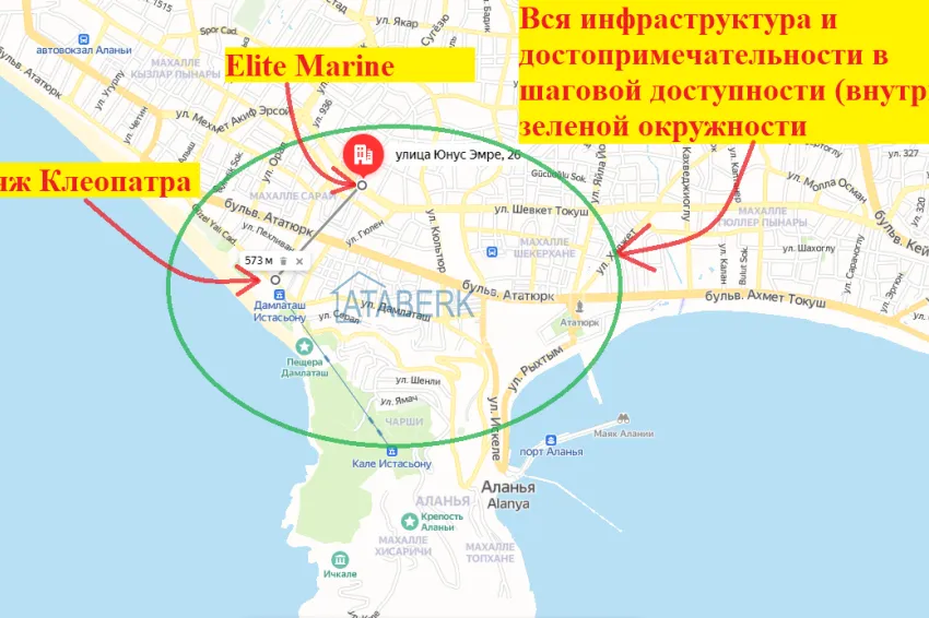 One bedroom apartment in the center of Alanya with furniture and access to a private beach 24